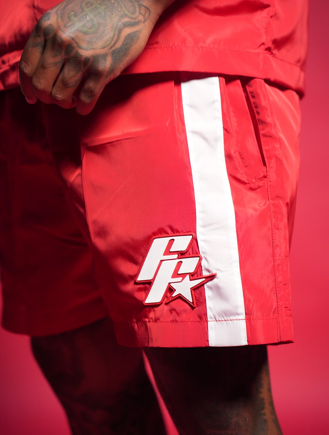 Red and White Federal Fresh Windbreaker Shorts