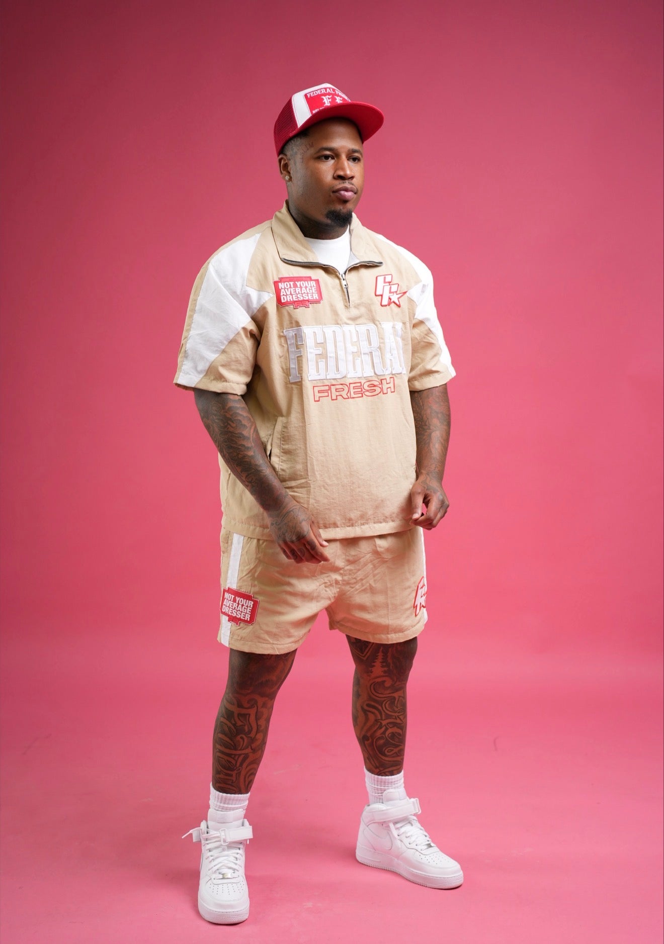 Creme and Red Federal Fresh Windbreaker Shorts