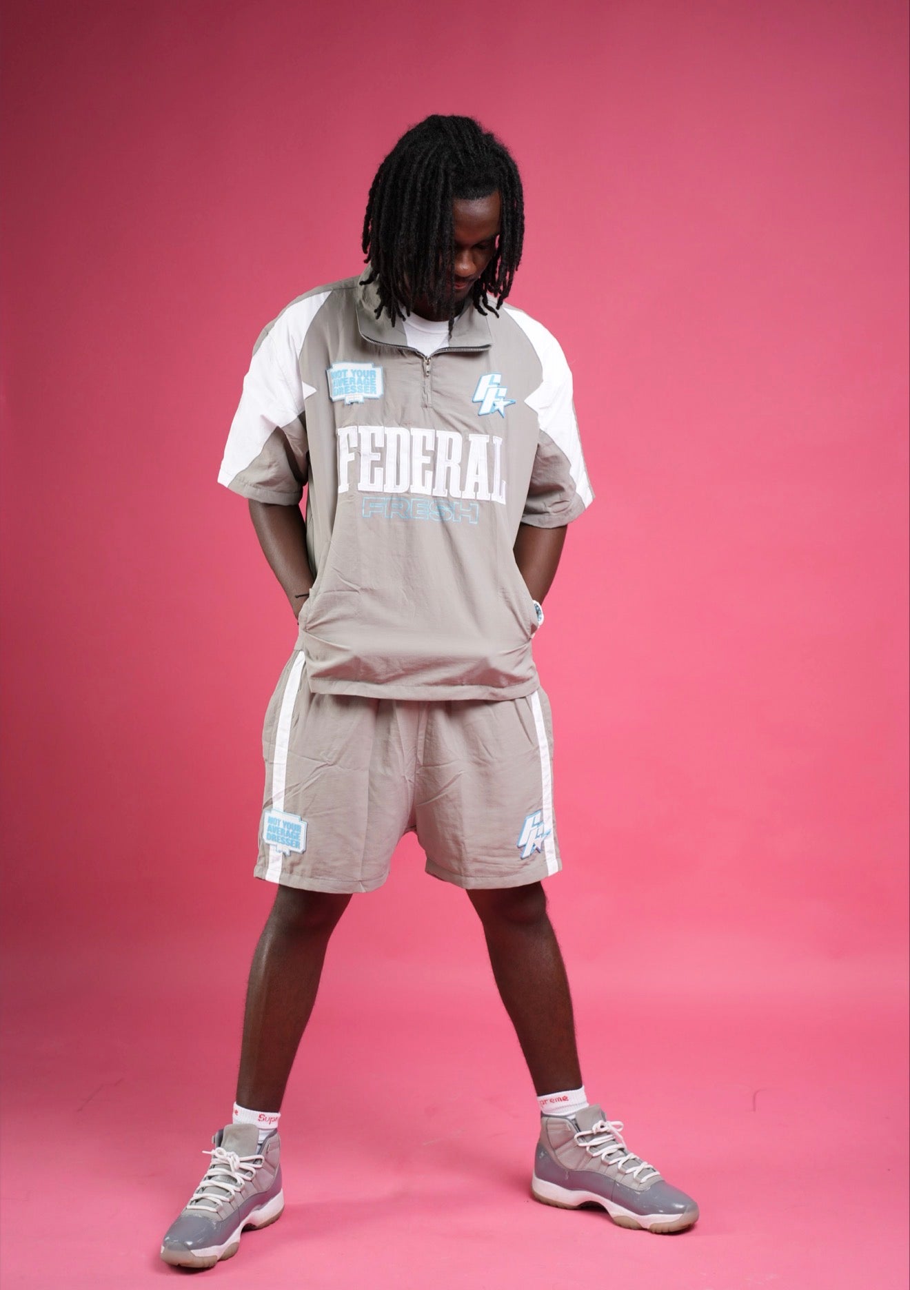 Grey and Blue Federal Fresh Windbreaker Shorts