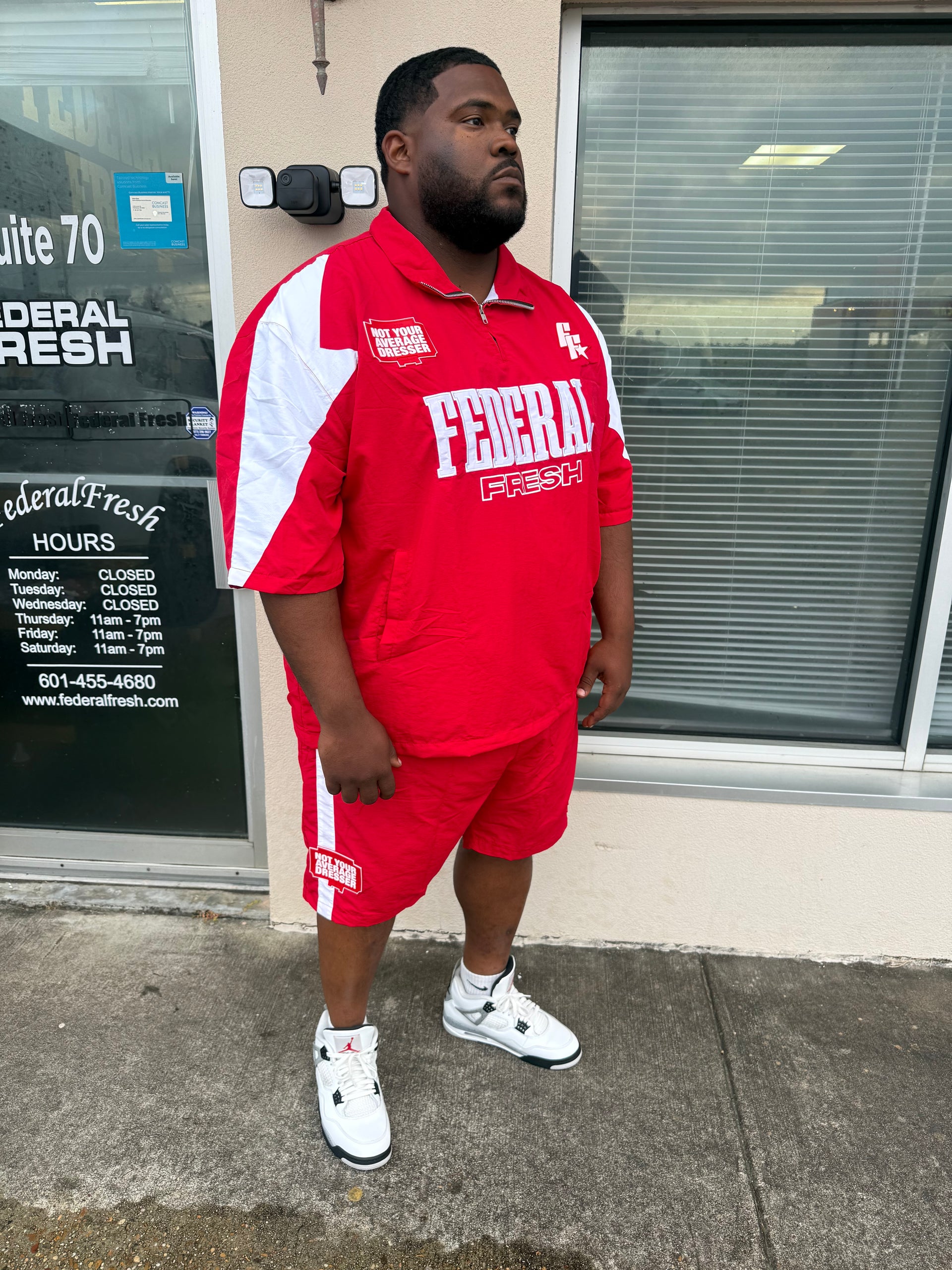 Red and White Federal Fresh Windbreaker Top